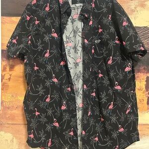 Men’s Black Hollister Short Sleeve Button Shirt with Pink Flamingo Design